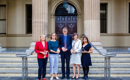 (L-R) Ms Inge Matt, Dr Barbara Maenhaut, Associate Professor Tim McIntyre, Dr Chris Landorf, Ms Rhea Jain (L-R) Ms Inge Matt, Dr Barbara Maenhaut, Associate Professor Tim McIntyre, Dr Chris Landorf, Ms Rhea Jain